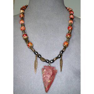 Venetian Necklace  Arrowhead Pendent black / red glass beads & red